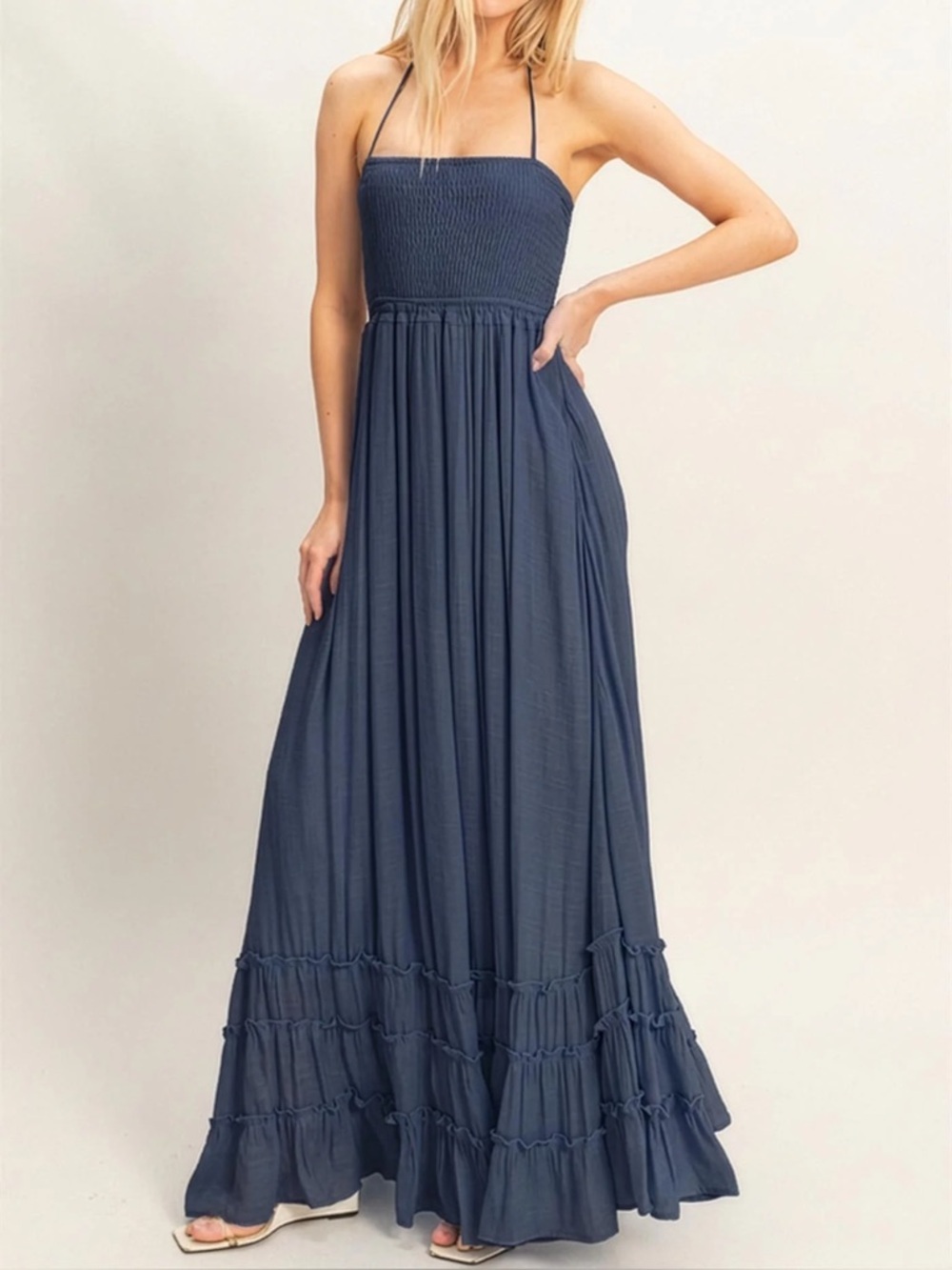 NWT Tiered Boho Smocked Halter Strappy Back Maxi Dress Navy Blue - Picture 5 of 8